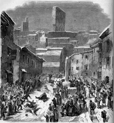 La glissade en barriots a Bourdeaux, Drome (26), inverno 1860. Incisione in "Le Monde Illustré" n.149 del 18 febbraio 1860