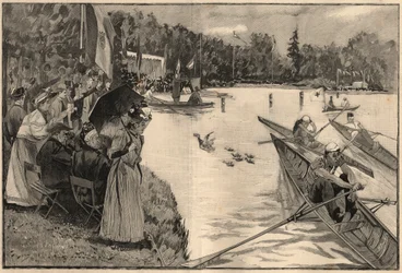 Le Lendit de Paris: regate scolastiche al grande lago del Bois de Boulogne - Incisione del 1894 dopo il disegno di Mr Lunel