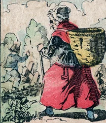 Le Père Fouettard, personaggio francese del padre frustatore, figura leggendaria del folklore che punisce i bambini cattivi: sua moglie, La Mère Fouettard, la madre frustatrice che insegue i bambini che saltano la scuola - Immagine di Epinal