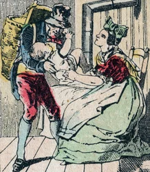 Le Père Fouettard, personaggio francese del padre frustatore, figura leggendaria del folklore che punisce i bambini cattivi e rinchiude i disobbedienti, immagine di Epinal XIX secolo (incisione)
