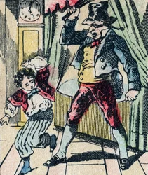 Le Père Fouettard, personaggio leggendario del folklore, che punisce i bambini disobbedienti con la sua frusta, e rinchiude i bambini disobbedienti, immagine di Epinal