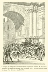 Il marchese di Pellepont cercando di strappare il maggiore della Bastiglia, M de Losme-Salbray, dalle mani del popolo, è lui stesso vicino a morire sotto i colpi di un furioso, 14 luglio 1789