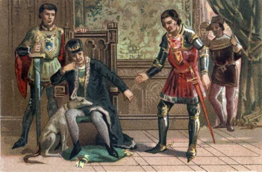 Lega del Bene Pubblico: re Luigi XI incontra Carlo il Temerario a Peronne, duca di Borgogna. Cromolitografia intorno al 1890