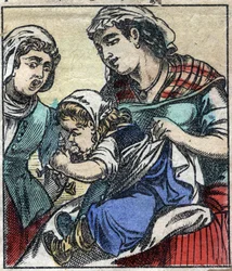 Lemuel Gulliver nel Paese dei Giganti di Brobdingnag. Illustrazione per "I viaggi di Gulliver" di Jonathan Swift (1667-1745). Immagine di Epinal fine XIX secolo
