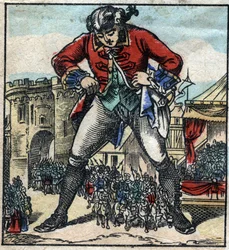 Lemuel Gulliver nel paese dei Lillipuziani. Illustrazione per "I viaggi di Gulliver" di Jonathan Swift (1667-1745). Immagine di Epinal fine XIX secolo.