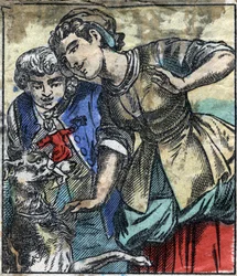 Lemuel Gulliver nella terra dei giganti di Brobdingnag. Illustrazione per "I viaggi di Gulliver" di Jonathan Swift (1667-1745). Immagine di Epinal della fine del XIX secolo