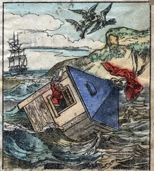 Lemuel Gulliver è nella sua casa nella terra dei giganti di Brobdingnag. Illustrazione per "I viaggi di Gulliver" di Jonathan Swift (1667-1745). Imaging Epinal fine XIX secolo