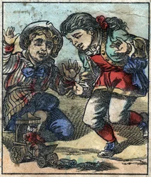 Lemuel Gulliver usato come giocattolo dai bambini giganti di Brobdingnag. Illustrazione per "I viaggi di Gulliver" di Jonathan Swift (1667-1745). Immagine di Epinal fine XIX secolo