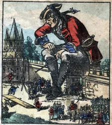 Lemuel Gulliver seduto sul muro di fortificazione della città spiega la strategia all