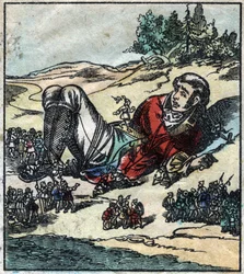 Lemuel Gulliver si sveglia dopo il naufragio e viene fatto prigioniero dai Lillipuziani. Illustrazione per "I viaggi di Gulliver" di Jonathan Swift (1667-1745). Immagine di Epinal fine XIX secolo.