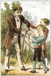 Leon e Lucien impararono bene a leggere e divennero piccoli scienziati - i loro genitori per premiarli comprarono bei cerchi - in “Alphabet des petits savants”, fine XIX secolo (cromolitografia)