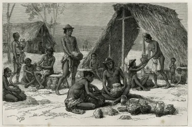 Gli indiani Galibis (o Kalinas) che fanno ceramiche, incisione di D.Maillart, per illustrare il viaggio di esplorazione nell