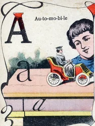 Lettera A Automobile. Incisione in "ABC des joux pour petits boys". Immagine di Pont-a-Mousson, Louis Vagne, stampatore-editore, fine XIX secolo. Dim: 32,5x25 cm