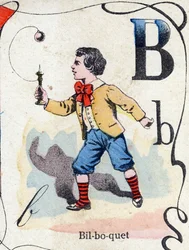 Lettera B Bilboquet. Incisione in "ABC des joux pour petits boys". Immagine di Pont-a-Mousson, Louis Vagne, stampatore-editore, fine XIX secolo. Dim: 32,5x25 cm