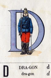Lettera D come Drago. Alfabeto militare (ABC o abecedario). Immagini di Epinal, circa 1870-1880. Xilografie colorate a stencil. Collezione privata