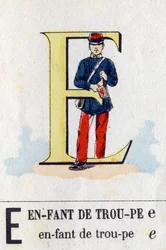 Lettera E come bambino di truppa. Alfabeto militare. Immagini di Epinal, circa 1870-1880. Xilografie colorate a stencil.