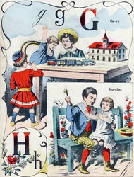 Lettera G H: stazione e sonaglio. Incisione in "ABC des joux pour petits boys". Immagine di Pont-a-Mousson, Louis Vagne, stampatore-editore, fine XIX secolo. Dim: 32,5x25 cm