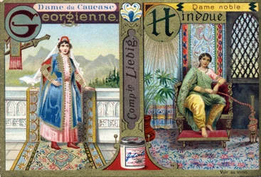 Lettera G come Donna del Caucaso Georgiano e H come Donna Nobile Indù. Alfabeto delle donne. Serie di 12 immagini. Pubblicità Liebig