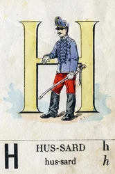 Lettera H come ussaro. Alfabeto militare. Immagini di Epinal, circa 1870-1880. Xilografie colorate a stencil.