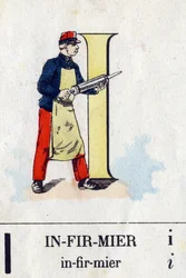 Lettera I come infermiera. Alfabeto militare. Immagini di Epinal, circa 1870-1880
