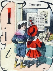 Lettera I: immagini. Incisione in "ABC des joux pour petits boys". Immagine di Pont-a-Mousson, Louis Vagne, stampatore-editore, fine XIX secolo. Dim: 32,5x25 cm