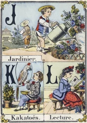 Lettera J, K e L: giardiniere, cacatua e lettura. Alfabeto ricreativo. Immagini di Epinal, circa 1880