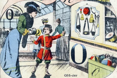 Lettera O Ufficiale. Incisione in "ABC des joux pour petits boys". Immagine di Pont-a-Mousson, Louis Vagne, stampatore-editore, fine XIX secolo. Dim: 32,5x25 cm