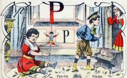 Lettera P Pantin Piano. Incisione in "ABC des joux pour petits boys". Immagine di Pont-a-Mousson, Louis Vagne, stampatore-editore, fine XIX secolo. Dim: 32,5x25 cm