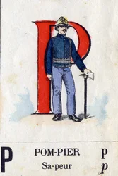 Lettera P come pompiere. Alfabeto militare. Immagini di Epinal, circa 1870-1880. Xilografie colorate a stencil