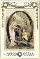 Lettera Q che rappresenta una madre e suo figlio che bevono acqua dalla sorgente, fine XIX secolo (cromolitografia)