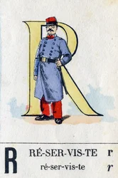 Lettera R come riservista. Alfabeto militare. Immagini di Epinal, circa 1870-1880. Xilografie colorate a stencil
