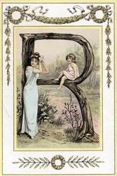 Lettera R che rappresenta una madre e una figlia, fine XIX secolo (cromolitografia)