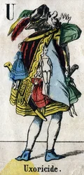 Lettera U: Uxoricide. Incisione in "Alphabet masquerade". Nuova immagine di Epinal. Stampa-litografia Pinot et Sagaire, editori, Epinal, seconda metà del XIX secolo. Piatto N° 491 con 25 lettere illuminate. Dim: 40,5x28cm