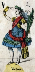 Lettera V: Victoire. Incisione in "Alphabet Masquerade". Nuova immagine di Epinal. Stampa-litografia Pinot et Sagaire, editori, Epinal, seconda metà del XIX secolo. Piatto N° 491 con 25 lettere illuminate. Dim: 40,5x28cm