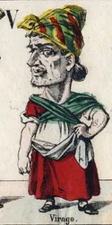 Lettera V: Virago (Per denigrazione, ragazza o donna di grande taglia, che ha i modi di un uomo). Incisione in "Alfabeto Comico". Nuove immagini di Epinal. Litografia Pinot et Sagaire, editori, tra il 1860 e il 1888