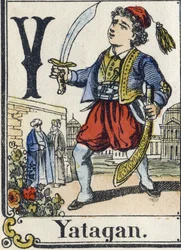 Lettera Y: Yatagan. Alfabeto ricreativo. Immagini di Epinal, circa 1880