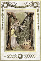 Lettera che rappresenta una madre egiziana che trova un bambino abbandonato (Mosè salva le acque), fine XIX secolo (cromolitografia)