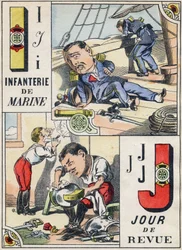 Lettere I e J: Fanteria di Marina e Giorno della Revisione. Incisione in "Alfabeto Militare Comico". Quinta serie. Immagini di Epinal, fine XIX secolo