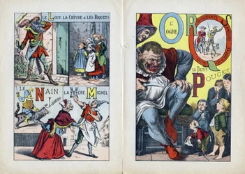 Lettere: L M N O P Q R S (pagina centrale doppia). Il lupo, la capra e i biquets, La Mere Michel, Le Nain jaune, L
