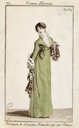 Redingote levantina chiusa da una sciarpa, tavola di moda da Costume Parisien, 1810