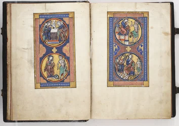 Salterio di Lewis ff.8v-9r, Presentazione al Tempio e le Tre Tentazioni di Cristo, c.1225-40