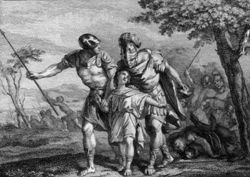 Liberazione di Childeberto II (570-596), re di Austrasia, 575: figlio di Childeberto I e Brunehilde (Brunehaut), era stato portato via da suo zio, Chilperico I, alla morte di suo padre. Incisione del XVIII secolo
