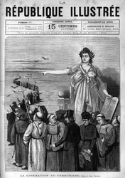 Liberazione del territorio: la Repubblica Francese espelle le congregazioni religiose non autorizzate dal territorio francese in seguito ai decreti del marzo 1880 presi da Jules Ferry privandole del diritto di insegnare. Un giornale. Incisione del 1880 in 