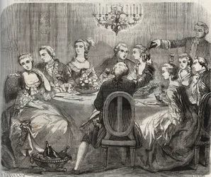Libertinaggio: Christian VII (1749-1808), Re di Danimarca e Norvegia, durante una festa libertina organizzata dalla danzatrice Marie Madeleine Guimard (1743-1816) nella sua casa di Pantin. Incisione del 1871 in "Histoire Des Cocuses Celebres" di Henry de K