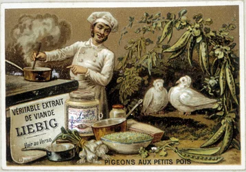 Ricette Liébig: piccioni con piselli - cromolitografia