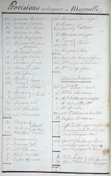 Elenco delle provviste imbarcate a Marsiglia e ricette antiscorbutiche in «Viaggio intorno al mondo sulla Solide sotto il capitano Marchand» (un giornale di bordo). 1791-1792. Archivi nazionali di Parigi.