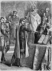 Lothario II (825-869) giura sul Vangelo davanti a Papa Adriano II a Roma nel 869. Incisione in 