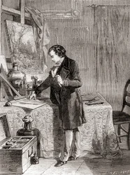Louis-Jacques-Mandé Daguerre che inventa il processo fotografico del dagherrotipo nel XIX secolo, da 