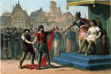 Luigi I detto Il Pio (814-840) fu degradato e spogliato dai suoi figli dei suoi titoli imperiali. Cromolitografia intorno al 1890