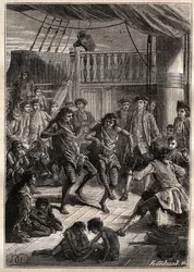 Louis Antoine, Conte di Bougainville (1729-1811) riceve gli abitanti della Baia Fortescue (Stretto di Magellano) sulla sua barca "La Boudeuse" nel 1768 - illustrazione da "I grandi marinai del XVIII secolo"